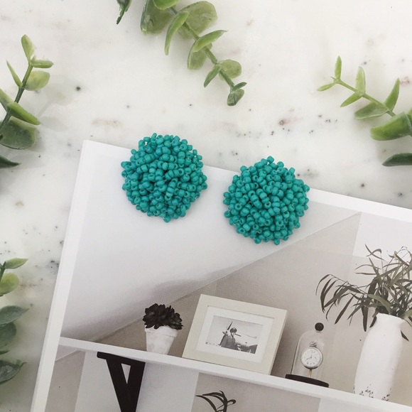"Clémence" Earrings || Aqua Green Beaded Statement - Picture 2 of 9